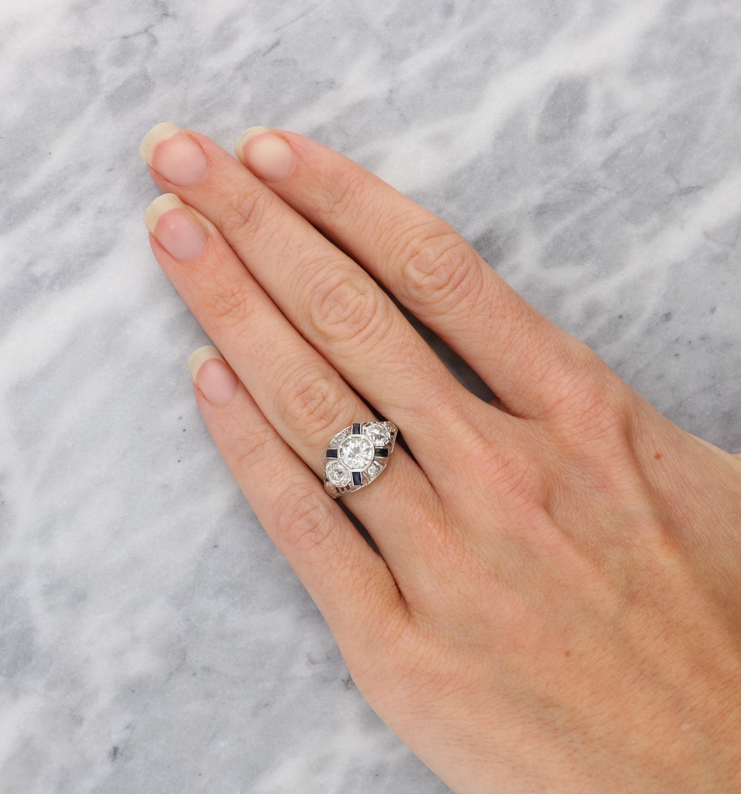 Platinum old cut diamond Art Deco style engagement ring