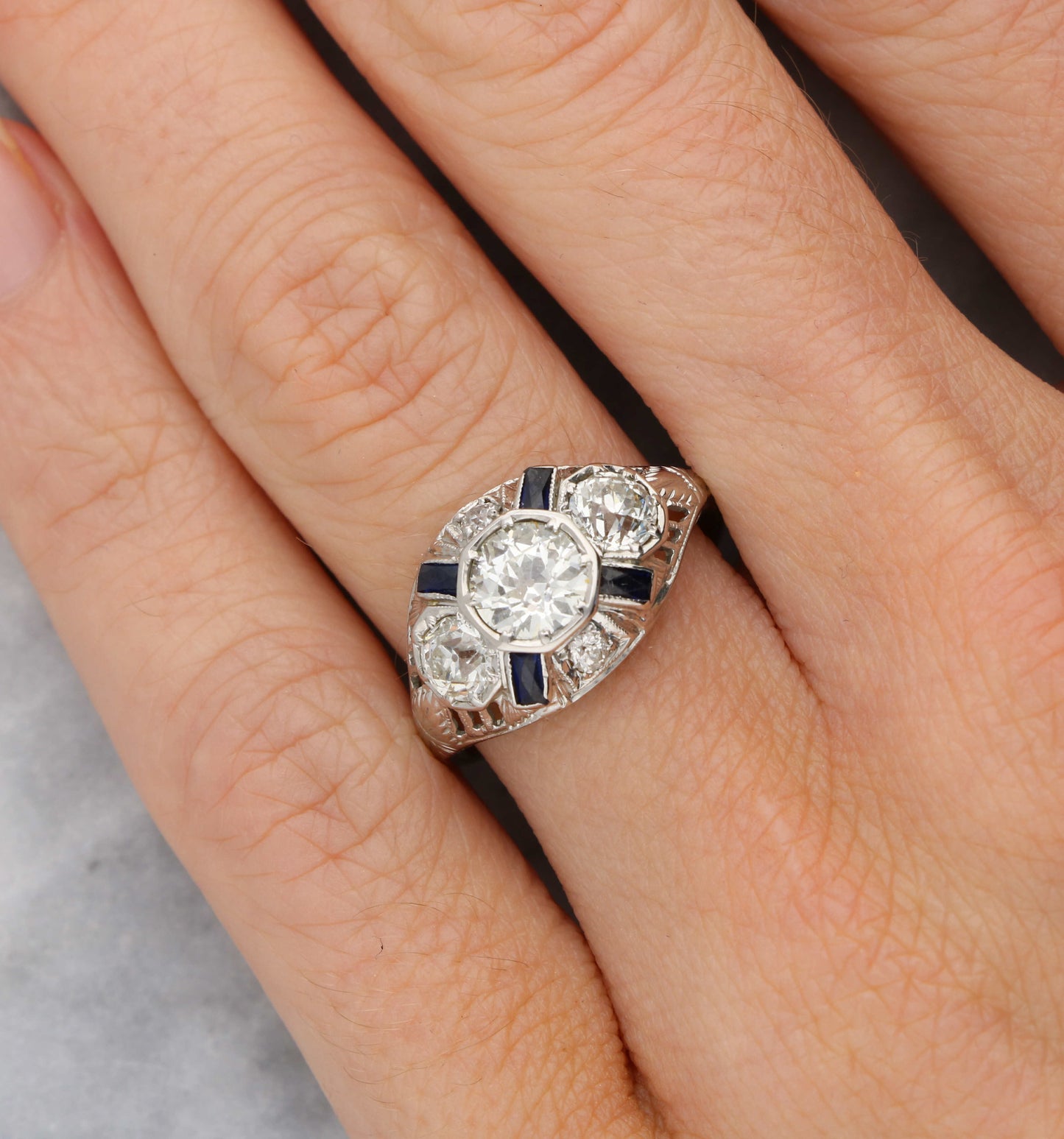 Platinum old cut diamond Art Deco style engagement ring