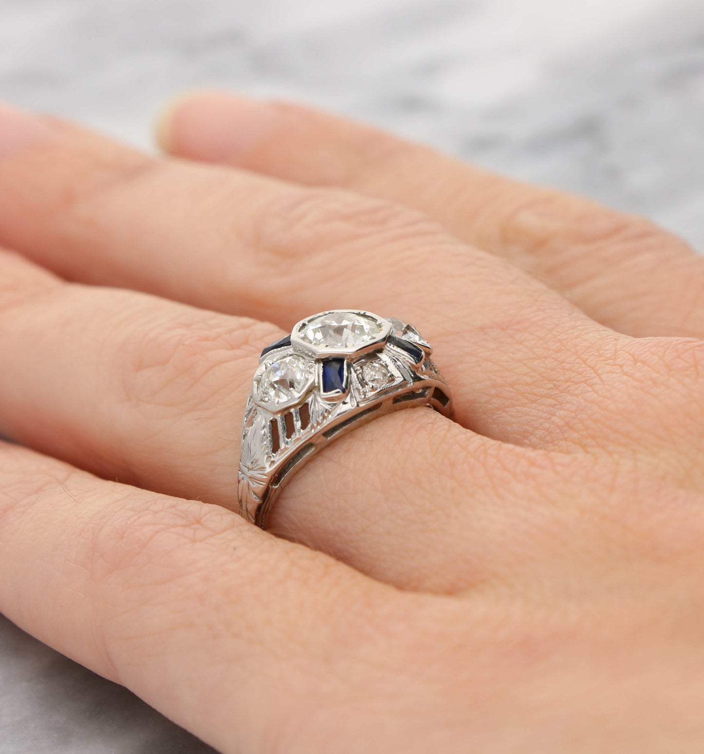Platinum old cut diamond Art Deco style engagement ring