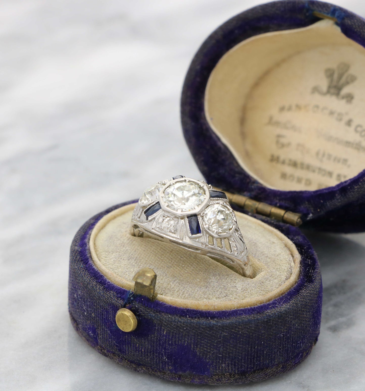 Platinum old cut diamond Art Deco style engagement ring