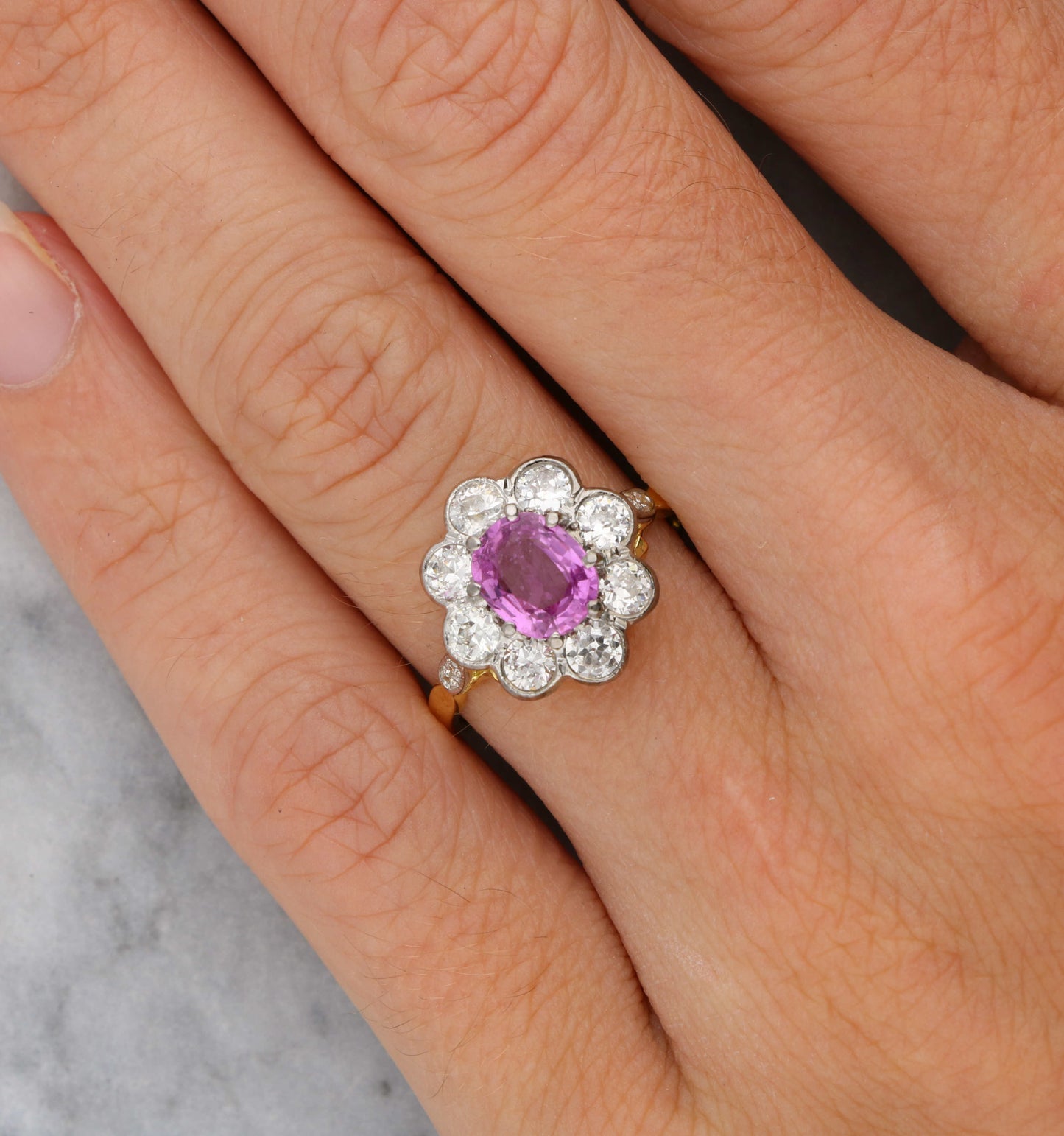 18ct pink sapphire and diamond cluster ring