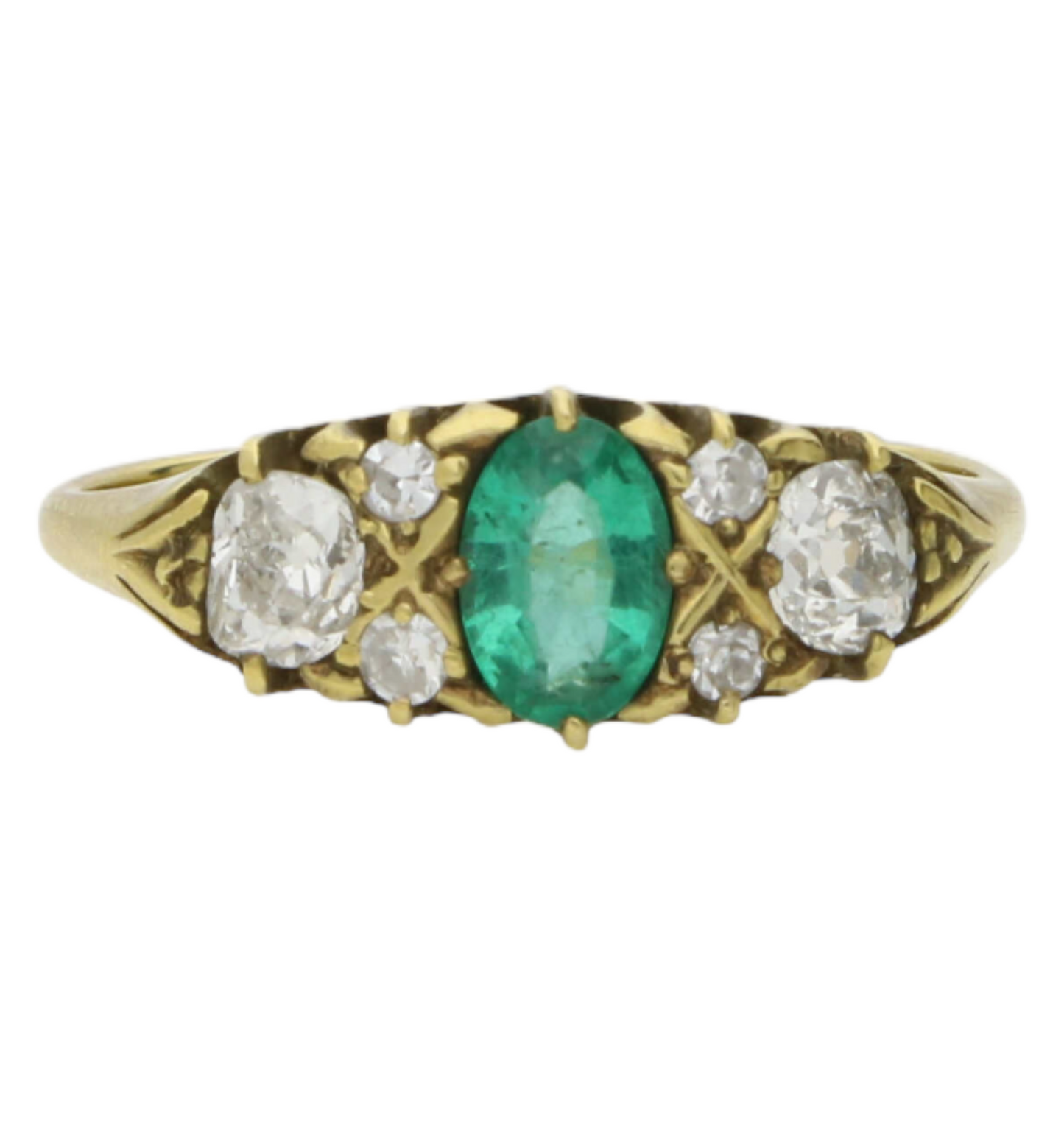 18ct emerald and old cut diamond carved ring