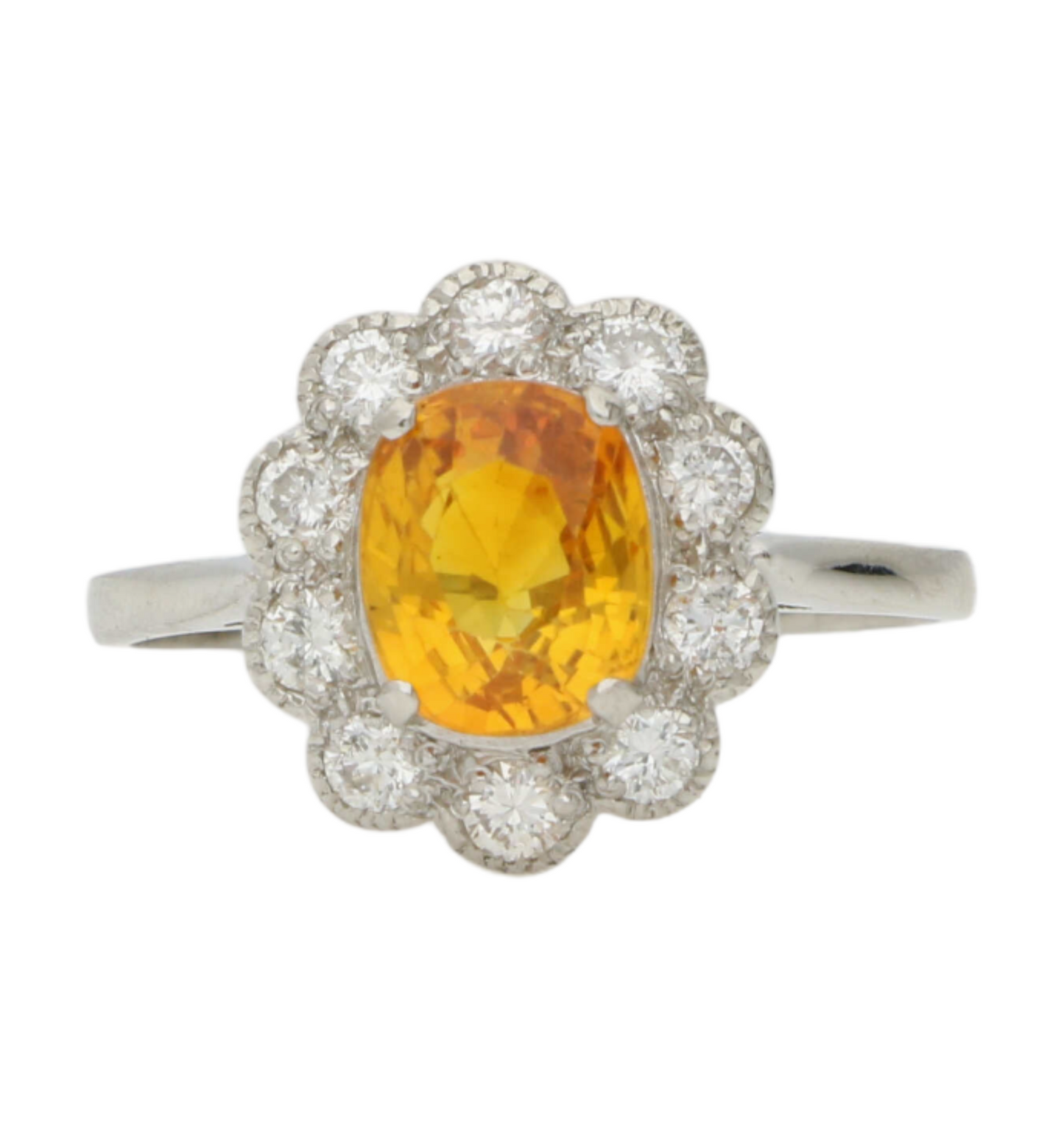 Platinum orange sapphire and diamond cluster ring