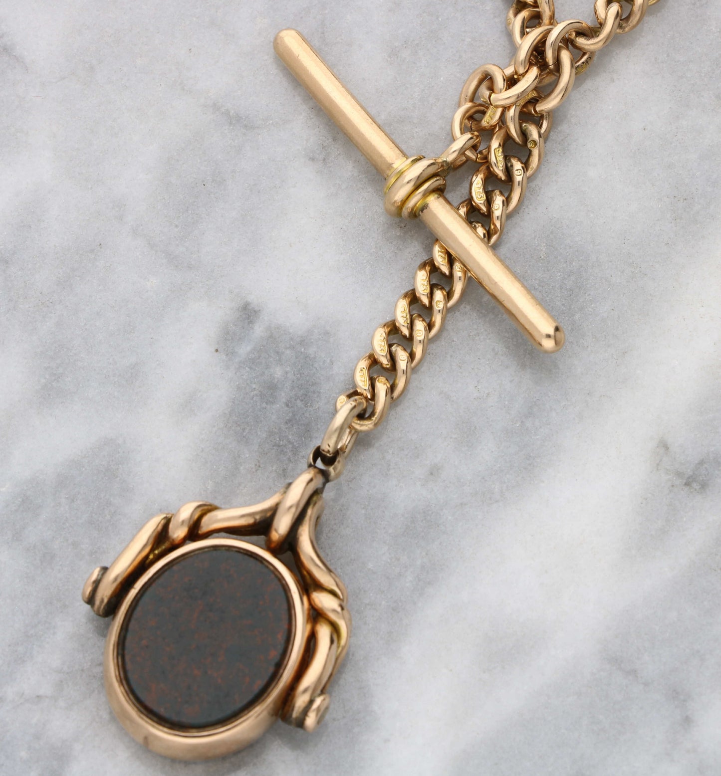 9ct Albert chain with bloodstone and carnelian fob