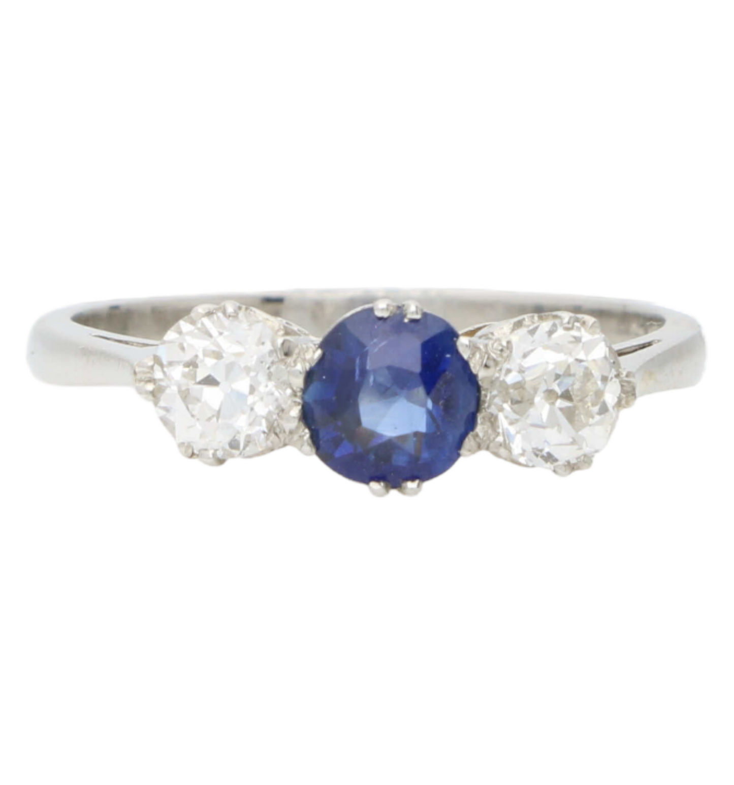 Platinum sapphire and old cut diamond 3 stone engagement ring