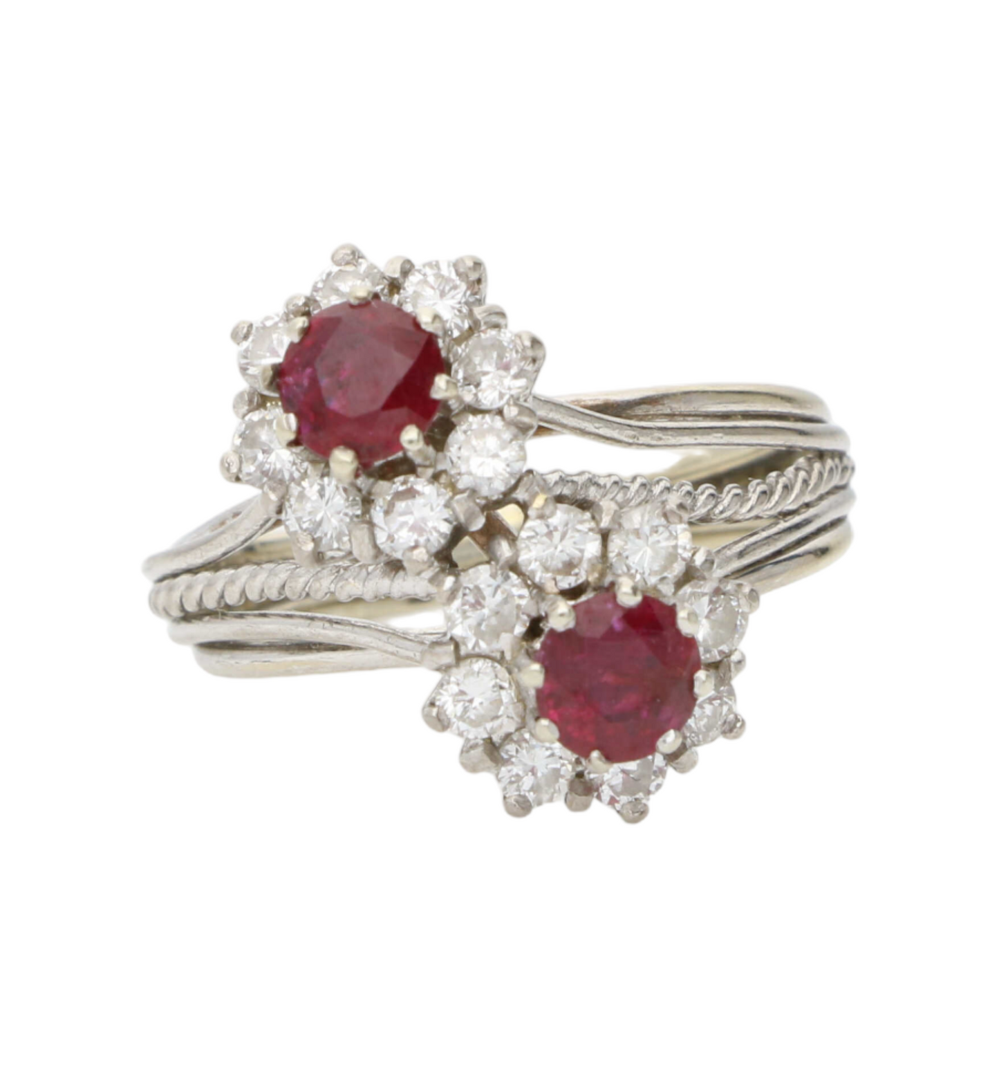 Ruby and diamond cluster crossover ring