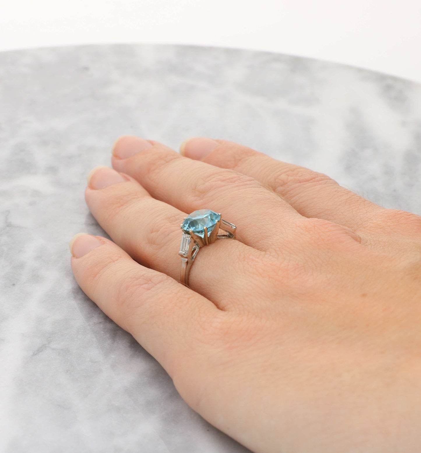 Zircon and baguette-cut diamond 3 stone ring