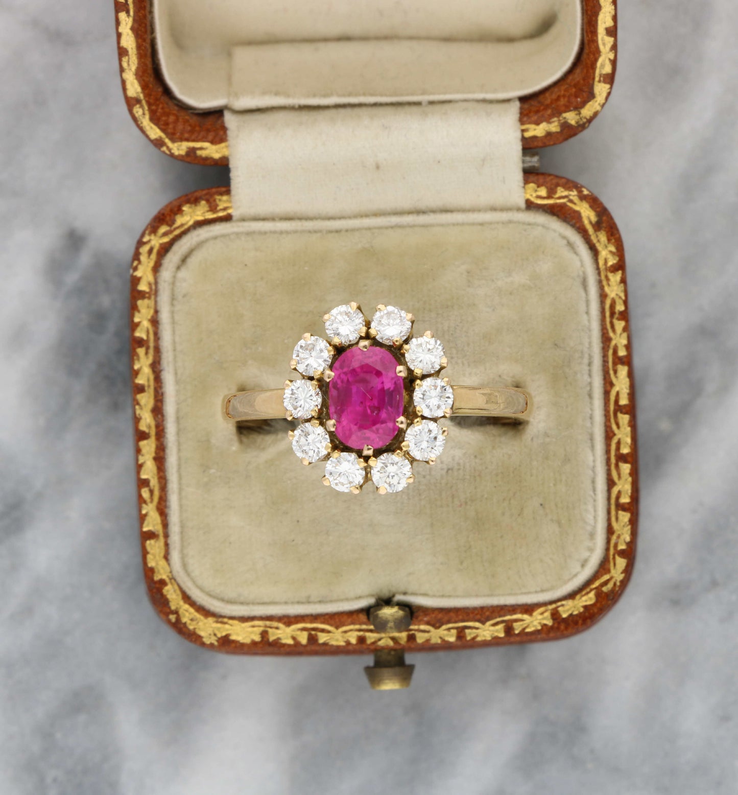 Rose gold ruby and diamond cluster engagement ring
