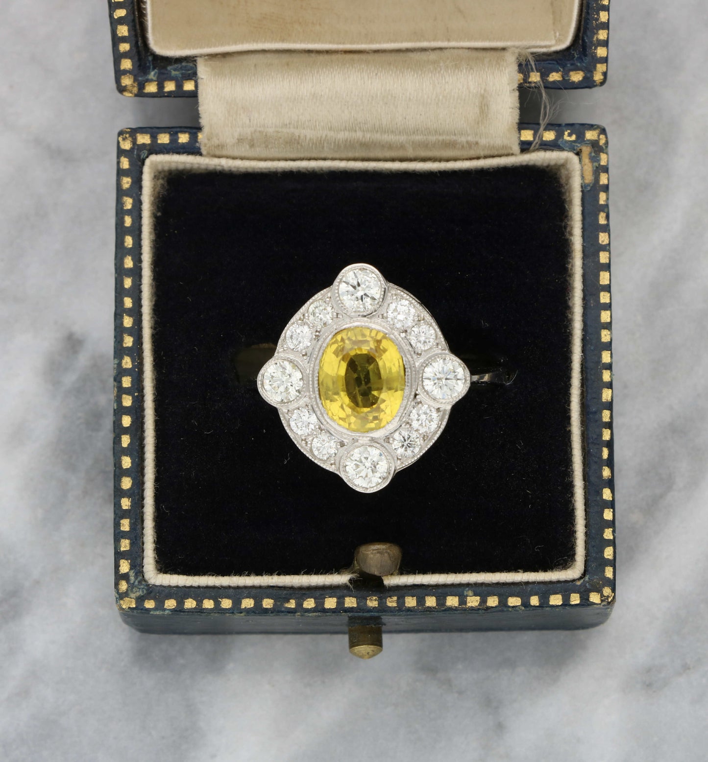 Platinum yellow sapphire and diamond Art Deco style engagement ring