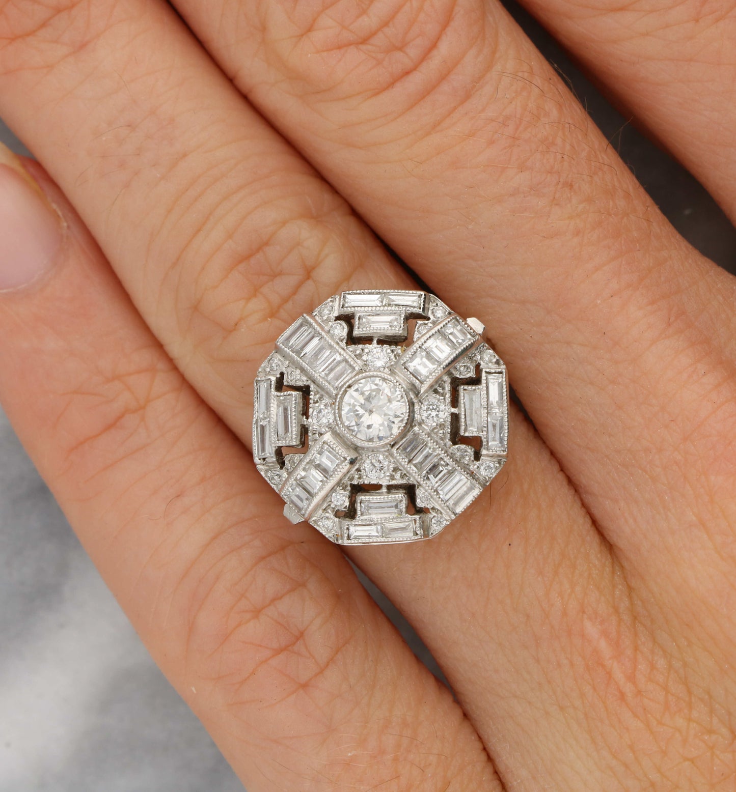 Platinum diamond Art Deco style cluster engagement ring