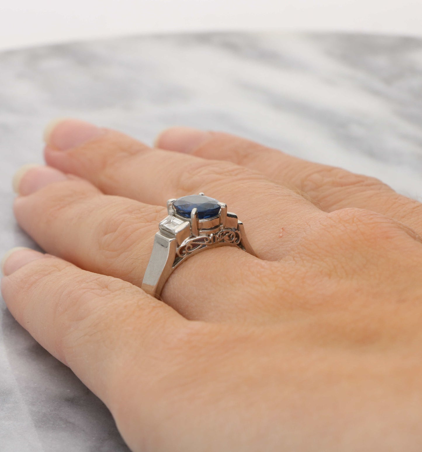 Platinum sapphire and diamond engagement ring