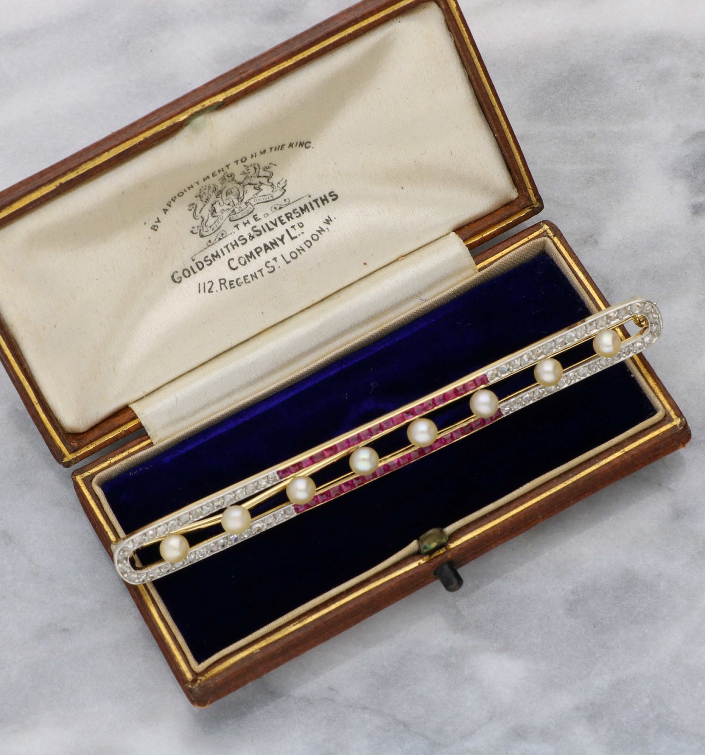 18ct ruby, pearl and rose-cut diamond bar brooch