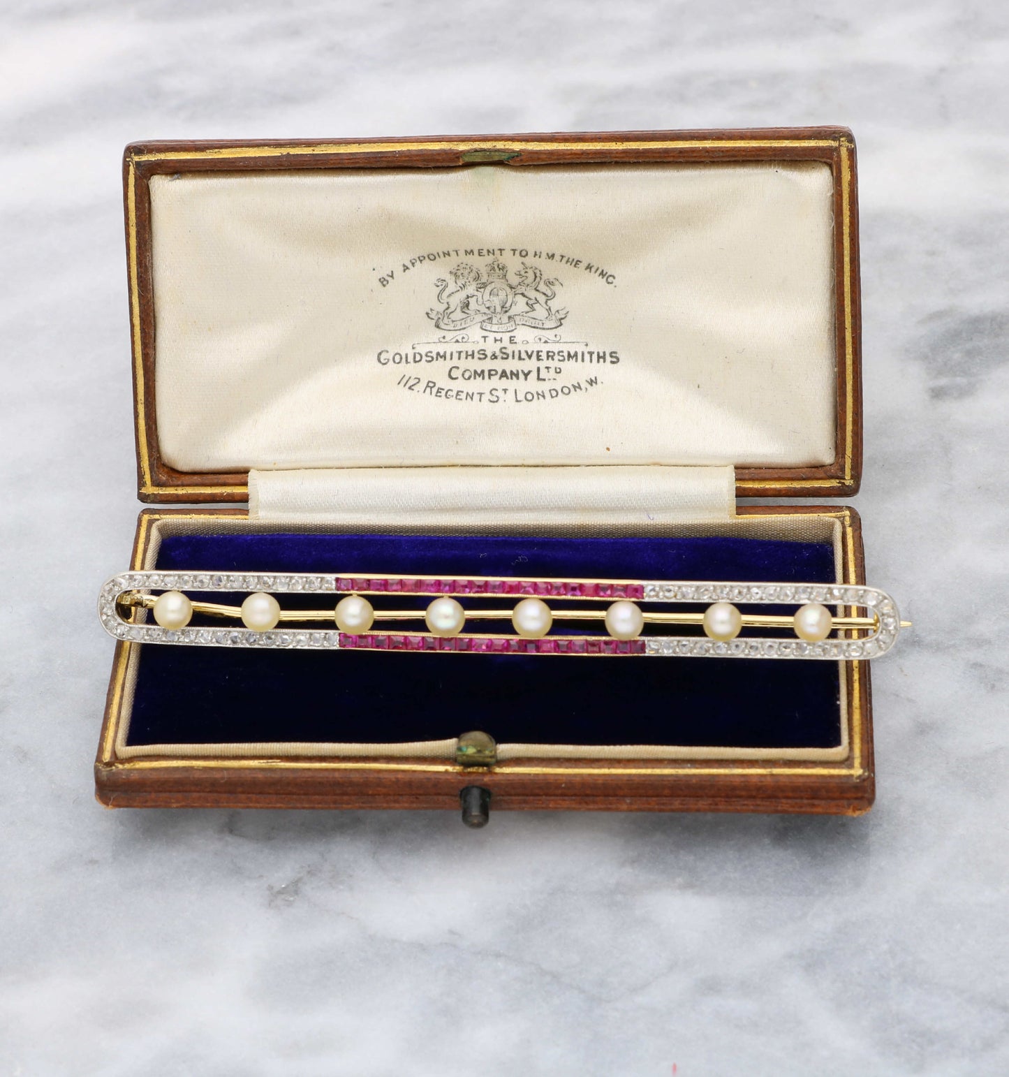 18ct ruby, pearl and rose-cut diamond bar brooch