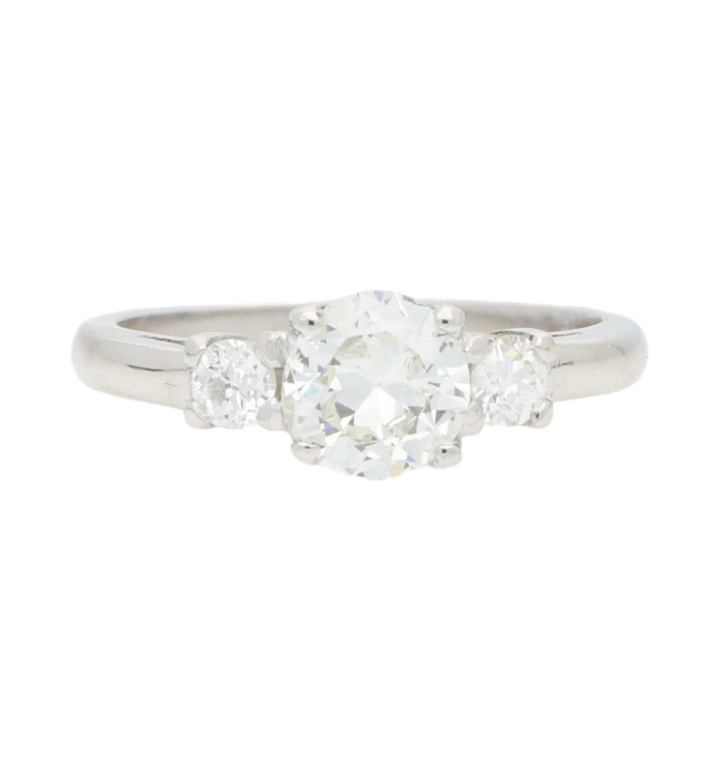 Platinum old cut diamond 3 stone engagement ring