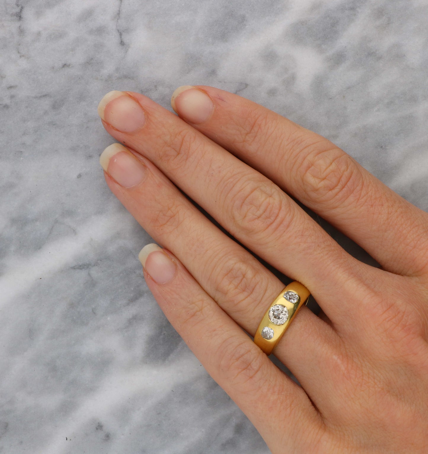 18ct old cut diamond 3 stone gypsy ring