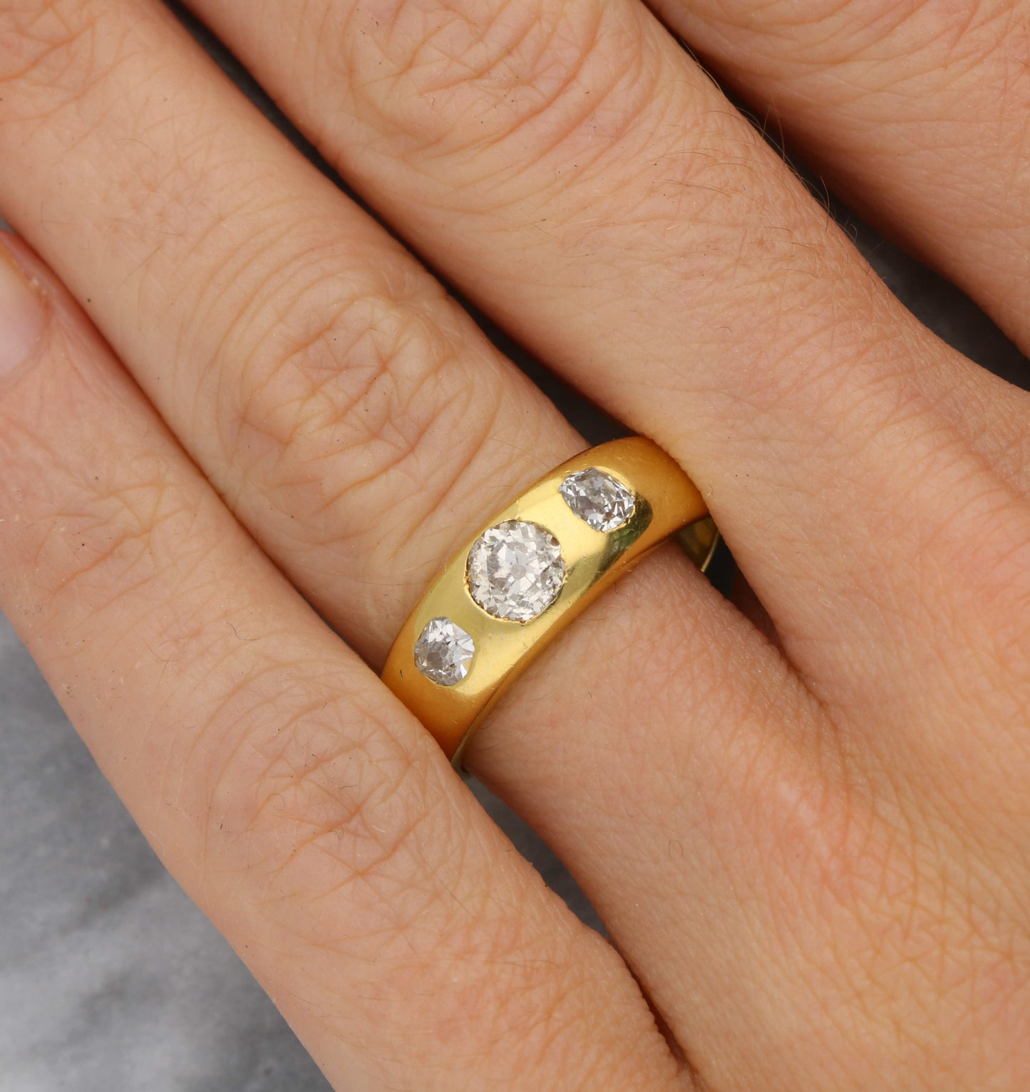 18ct old cut diamond 3 stone gypsy ring