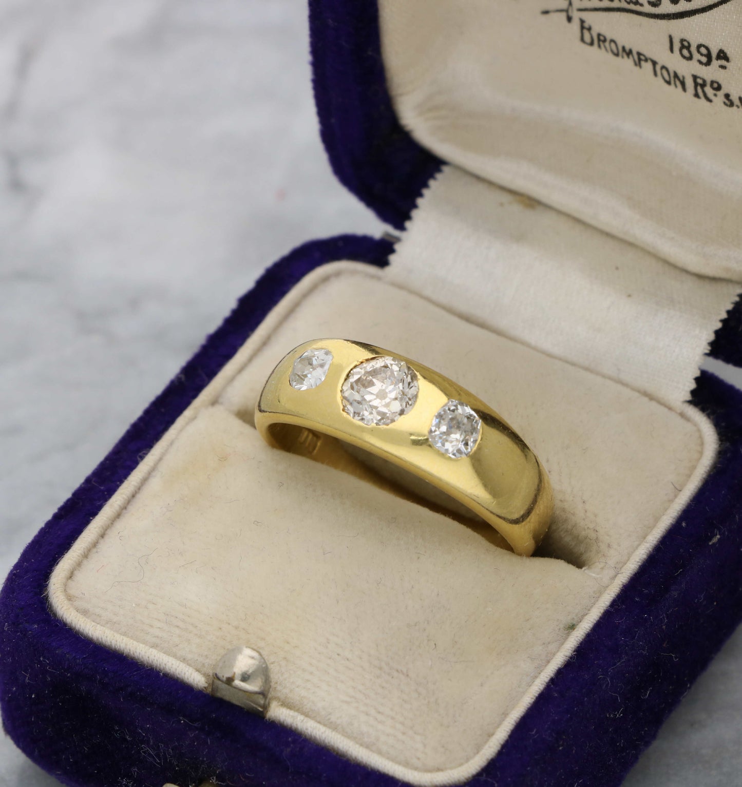 18ct old cut diamond 3 stone gypsy ring