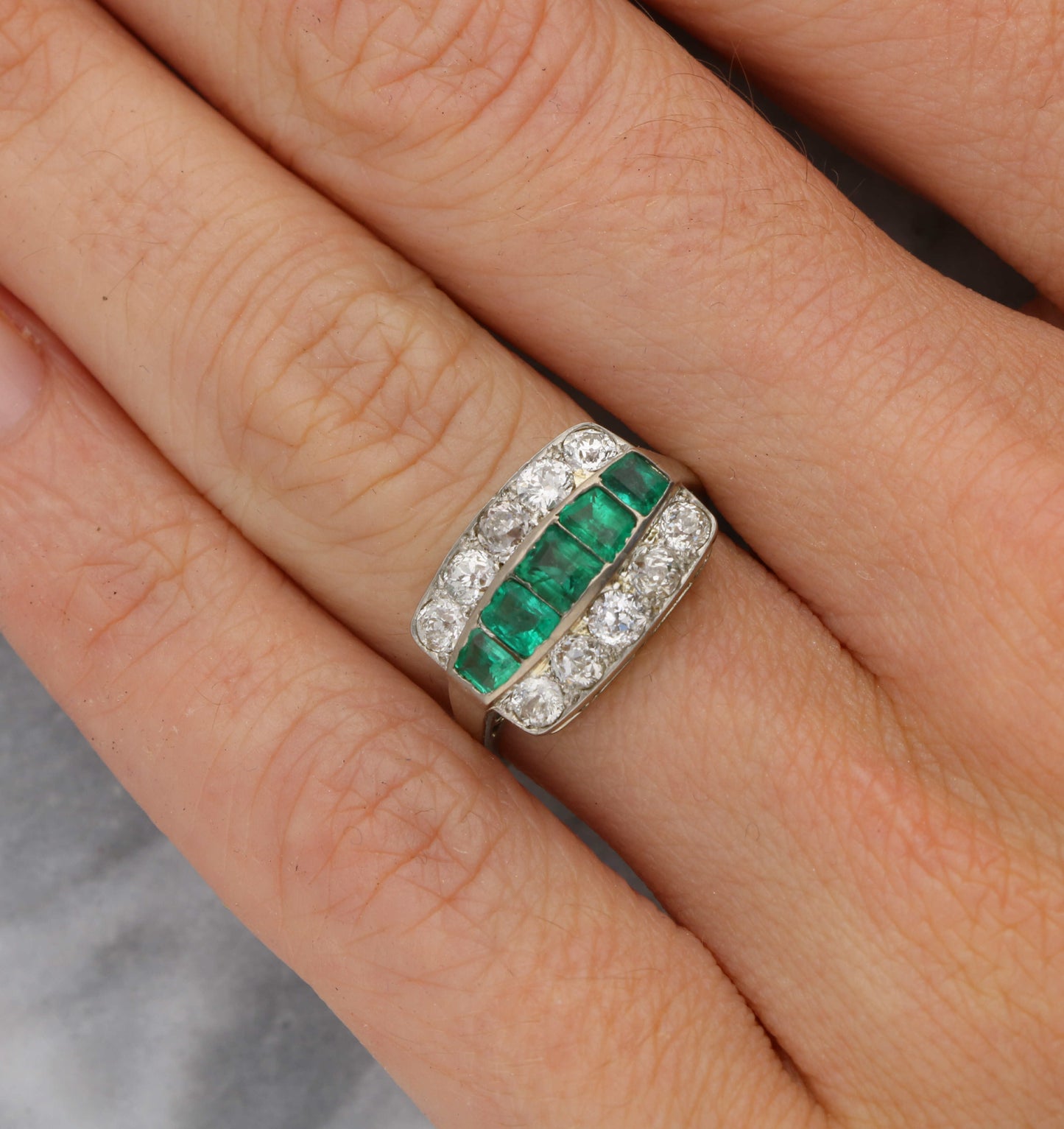 18ct emerald and old cut diamond ring