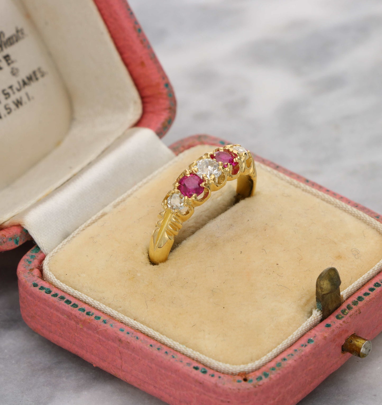 18ct ruby and old cut diamond 5 stone ring