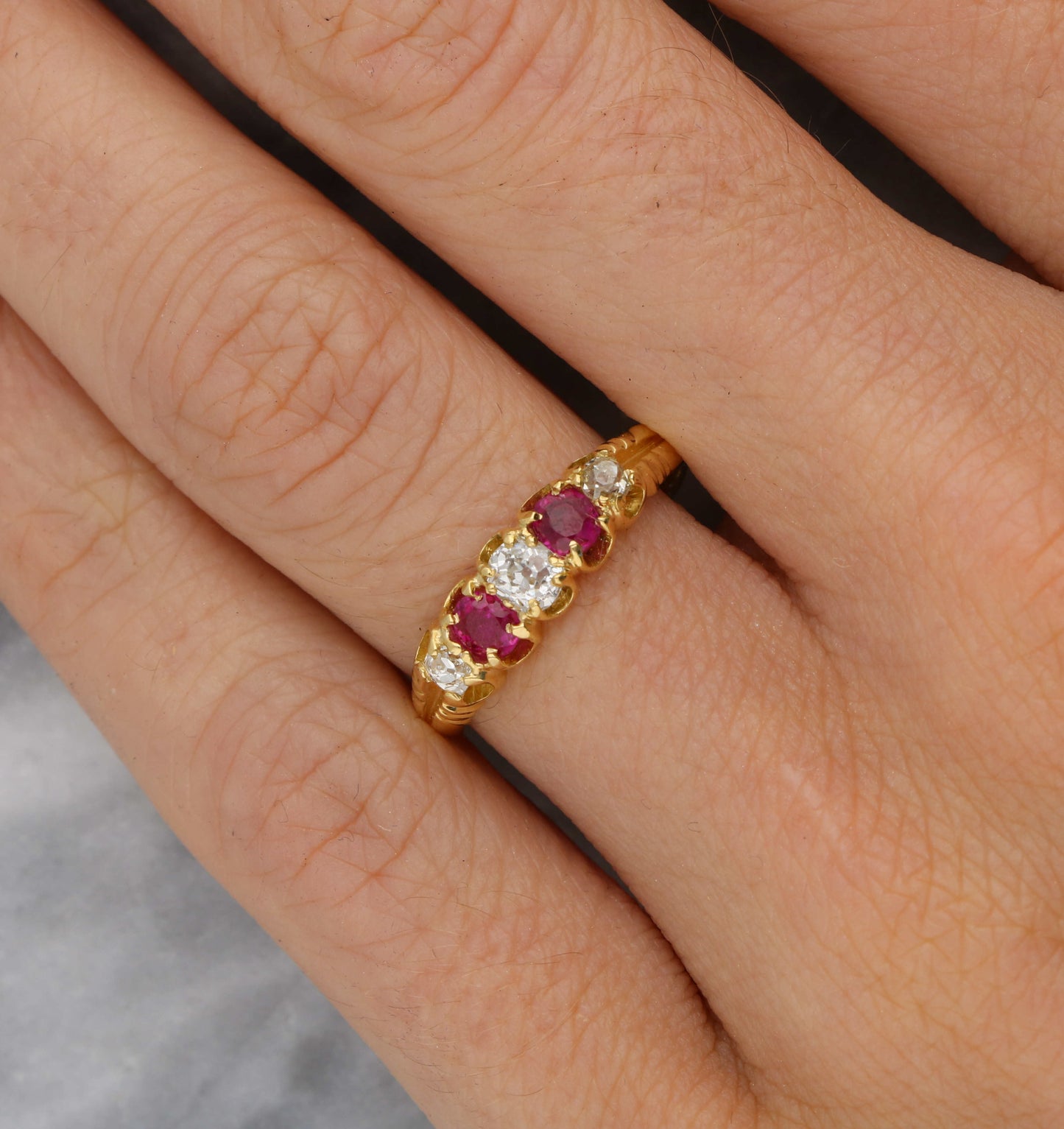 18ct ruby and old cut diamond 5 stone ring