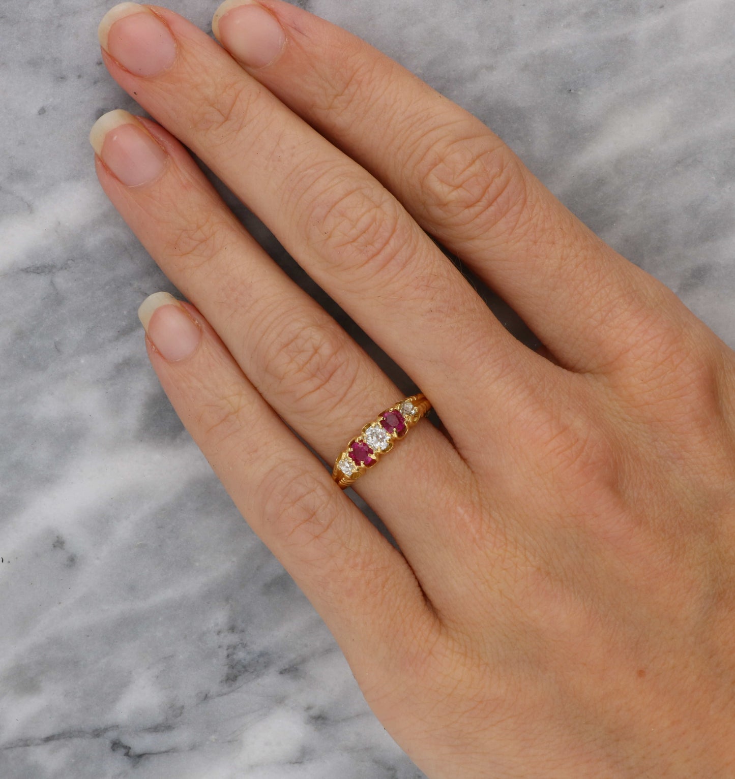 18ct ruby and old cut diamond 5 stone ring