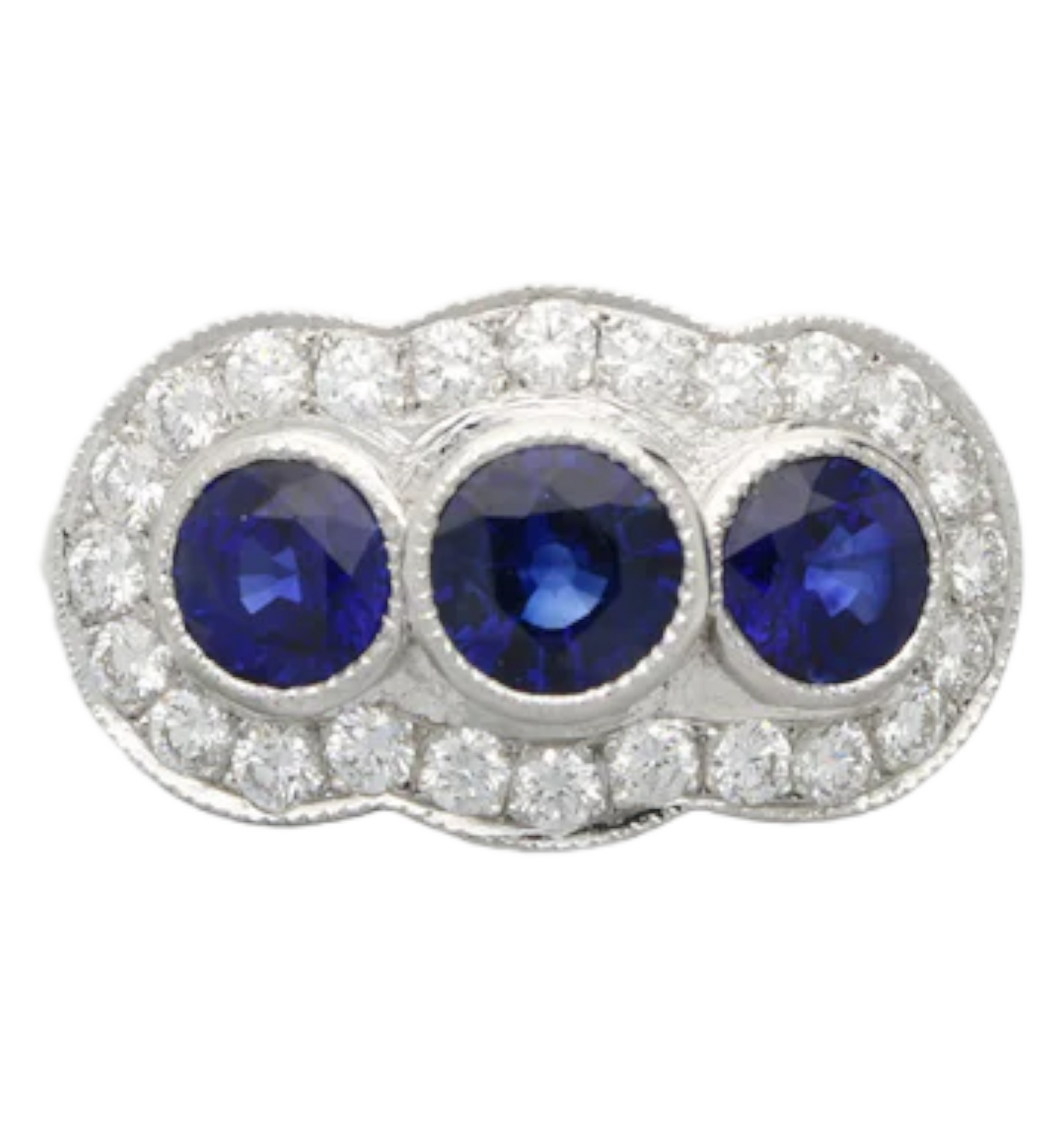Platinum sapphire and diamond triple cluster ring