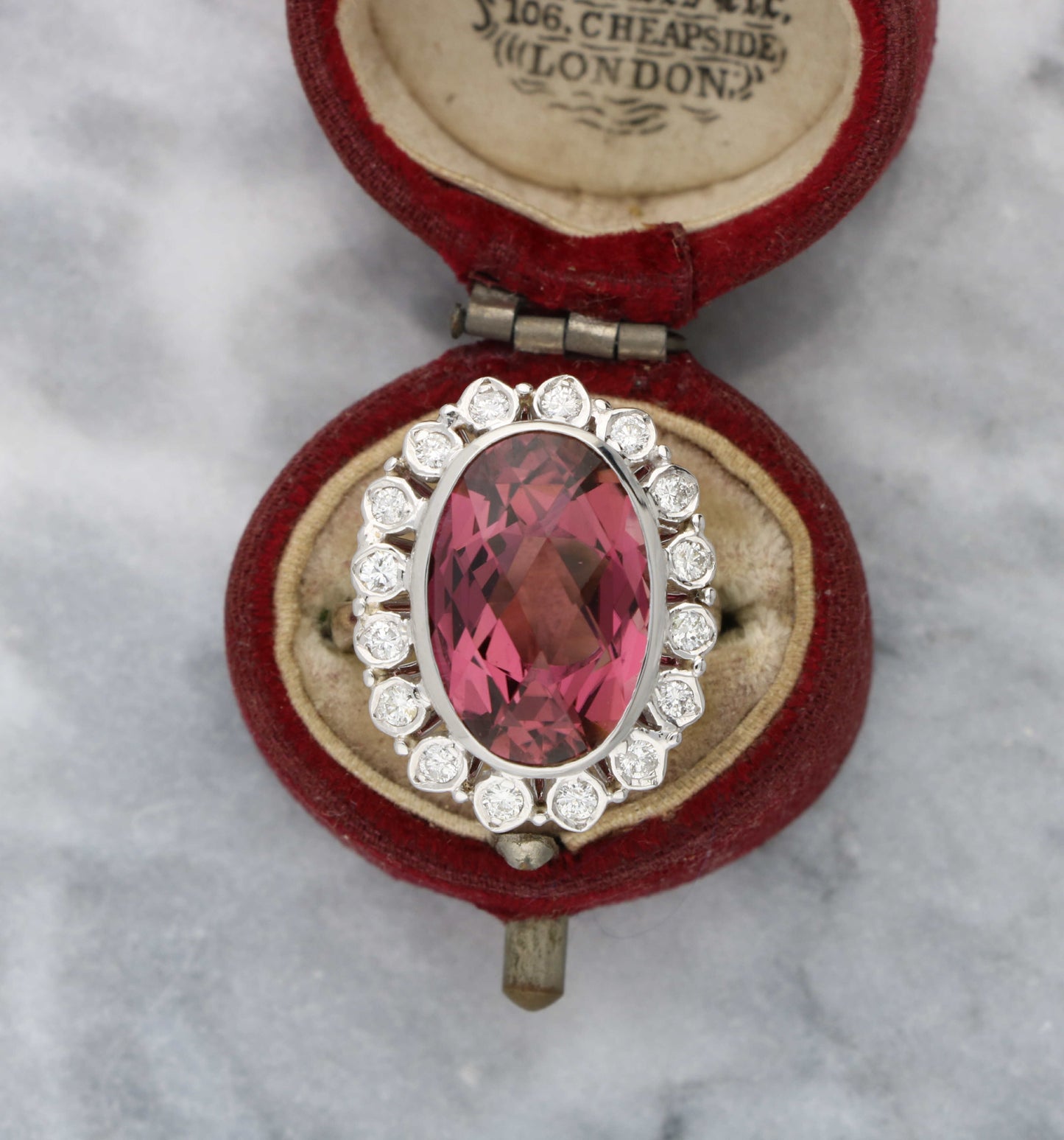 14ct pink tourmaline and diamond cluster ring