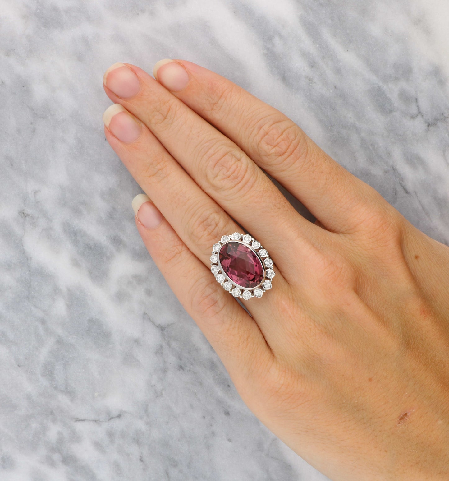 14ct pink tourmaline and diamond cluster ring
