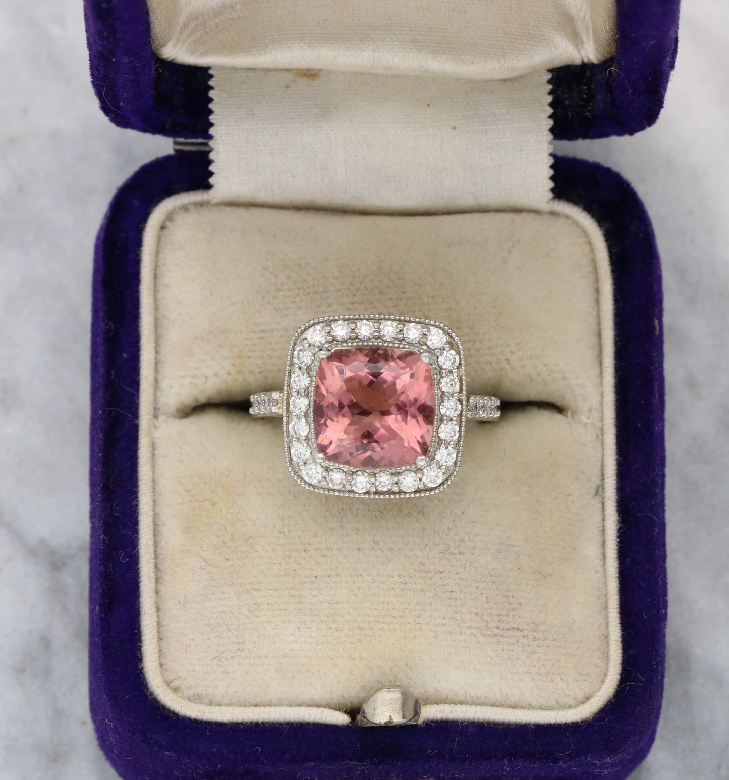 Platinum pink tourmaline and diamond cluster ring