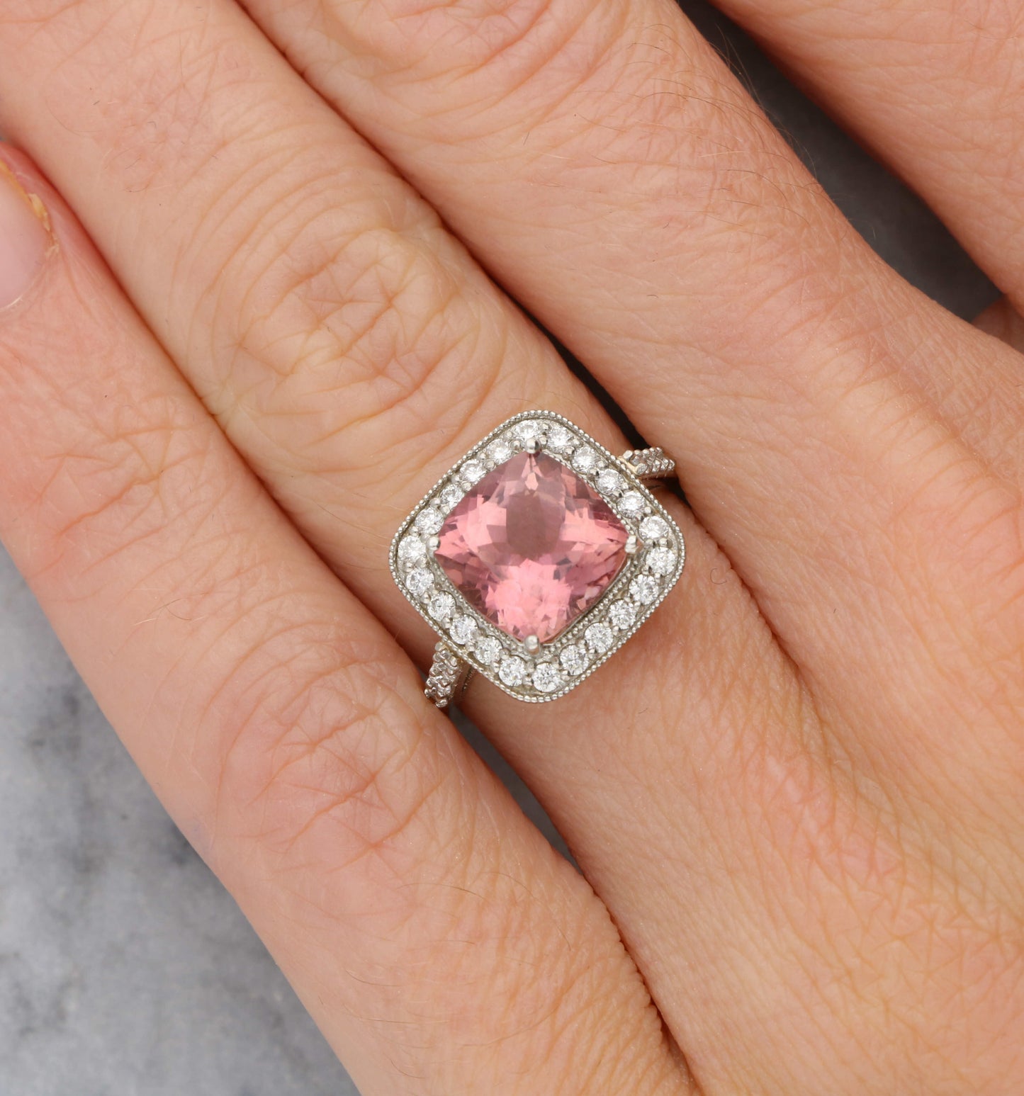 Platinum pink tourmaline and diamond cluster ring