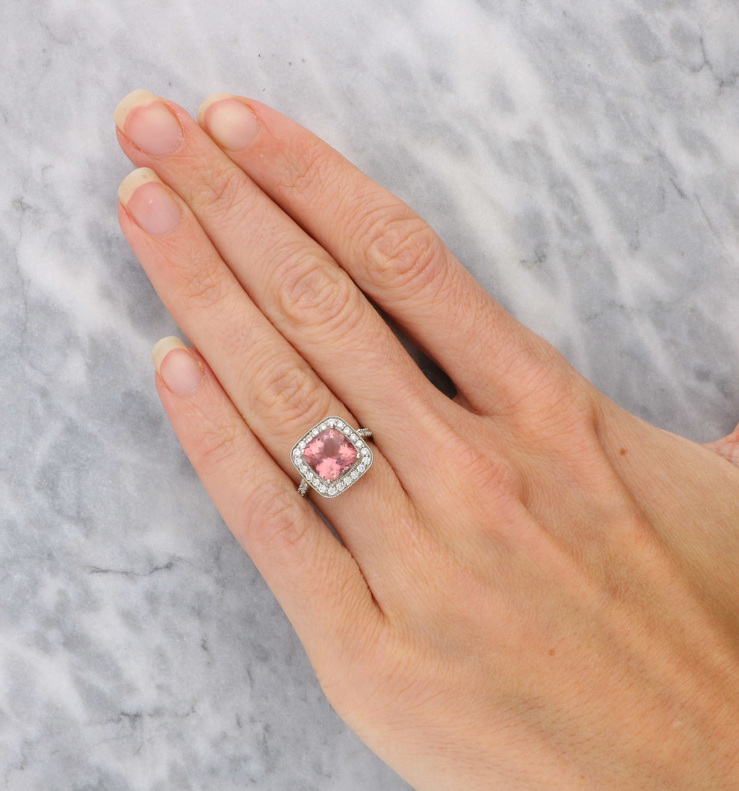 Platinum pink tourmaline and diamond cluster ring