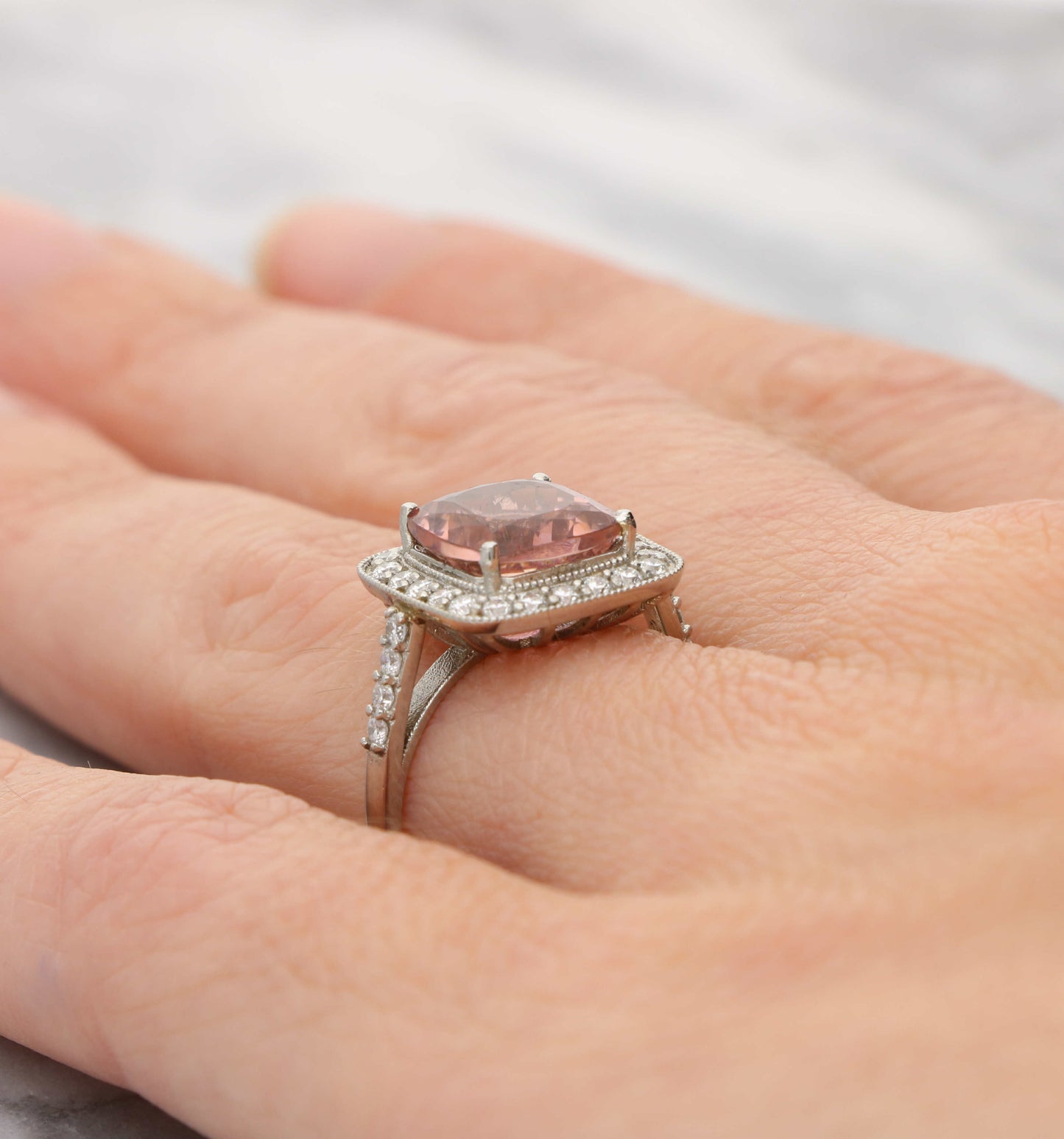 Platinum pink tourmaline and diamond cluster ring