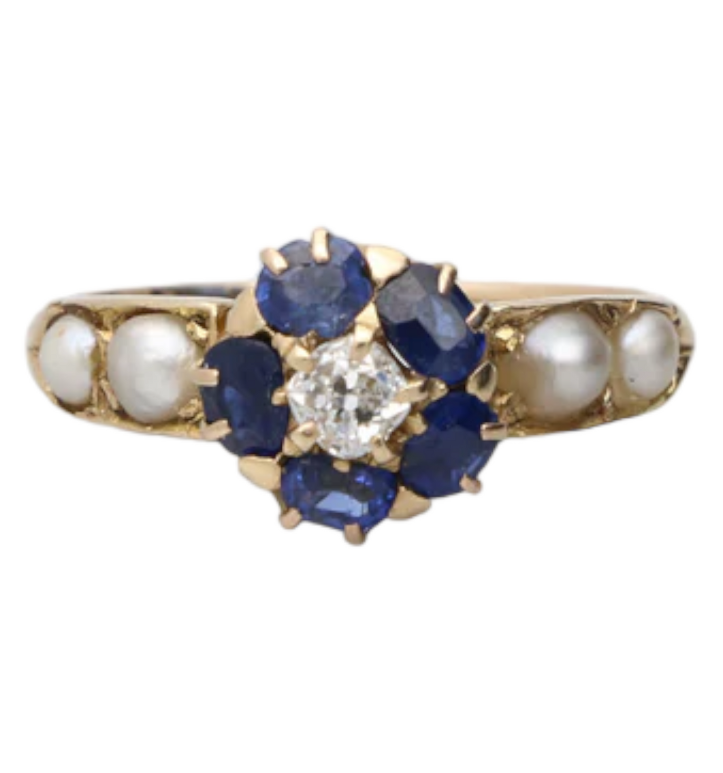 Old cut diamond, sapphire and pearl cluster ring