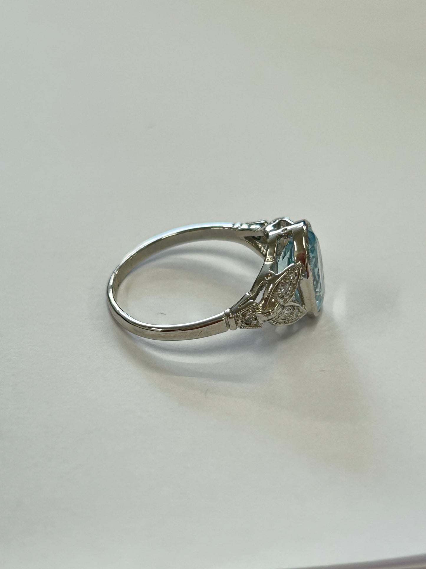 Platinum aquamarine and diamond ring