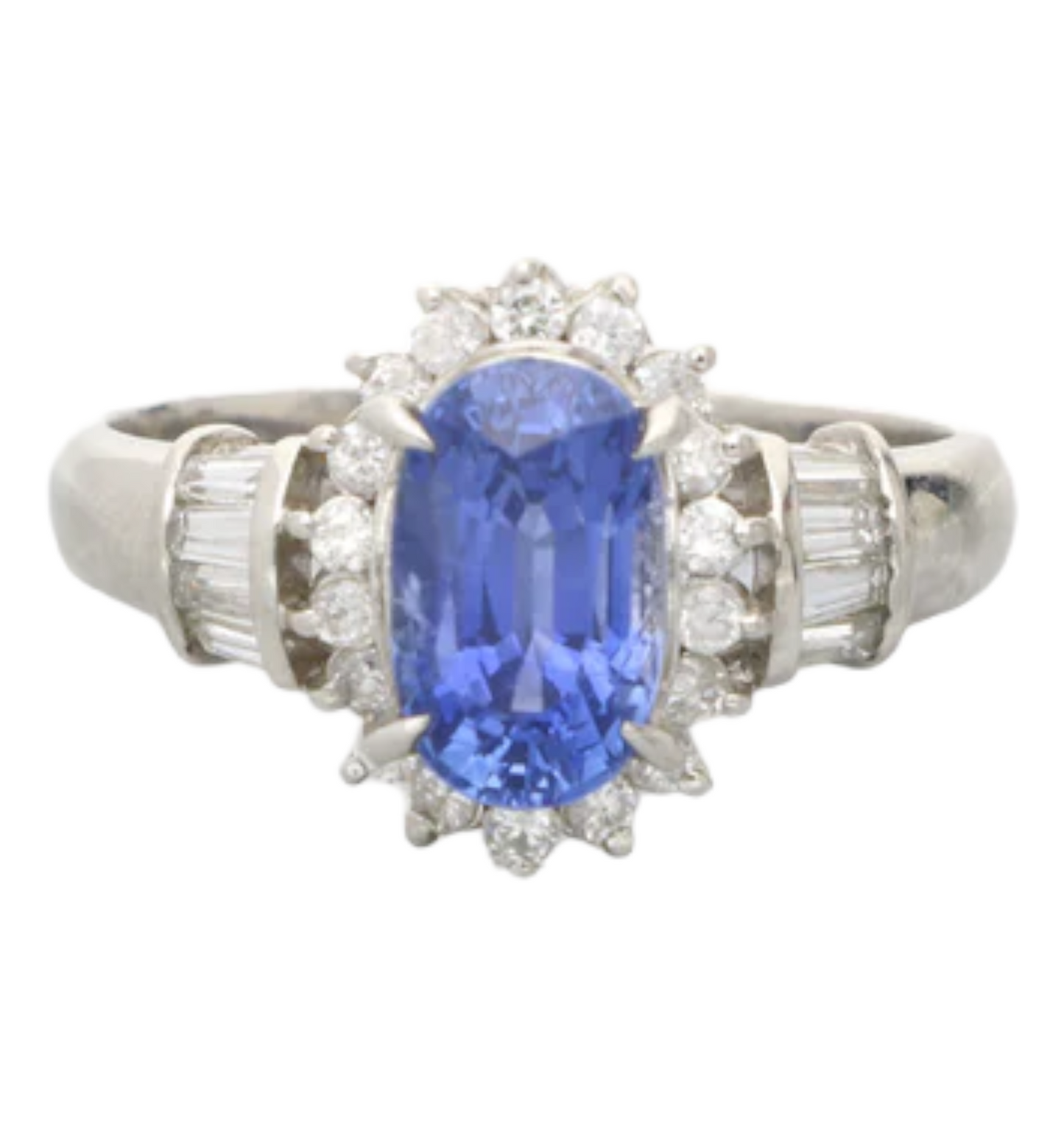 Platinum sapphire and diamond cluster engagement ring
