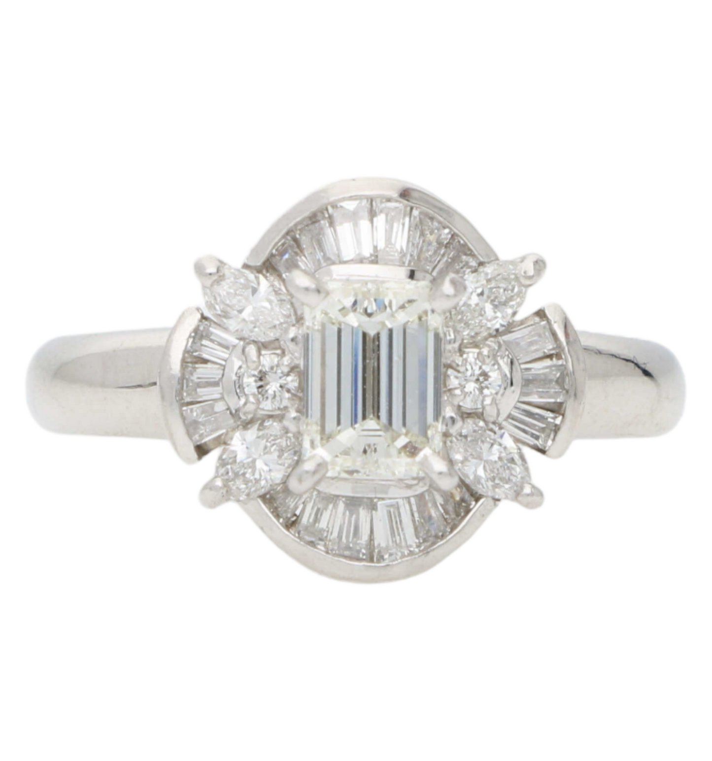 Platinum emerald-cut diamond cluster ring