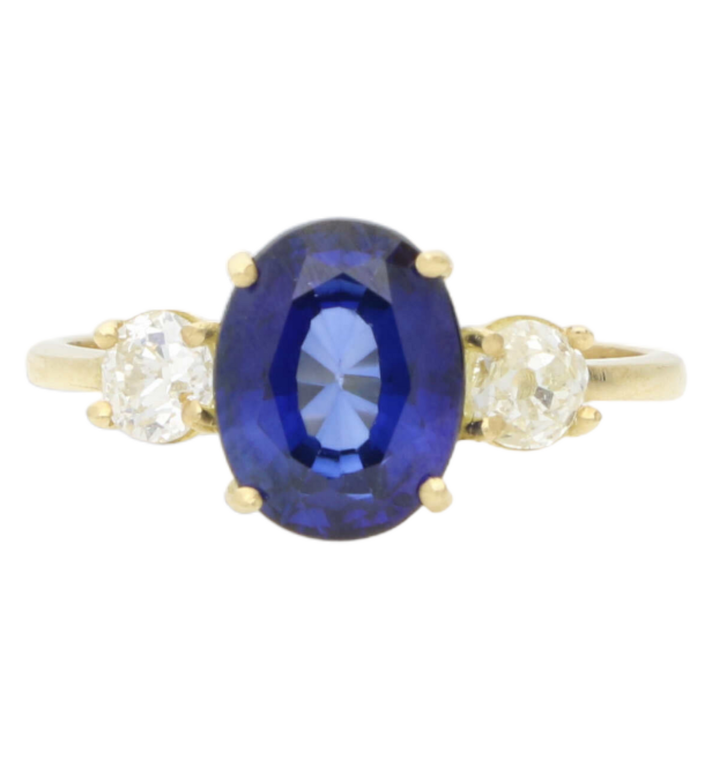 18ct sapphire and old cut diamond 3 stone engagement ring