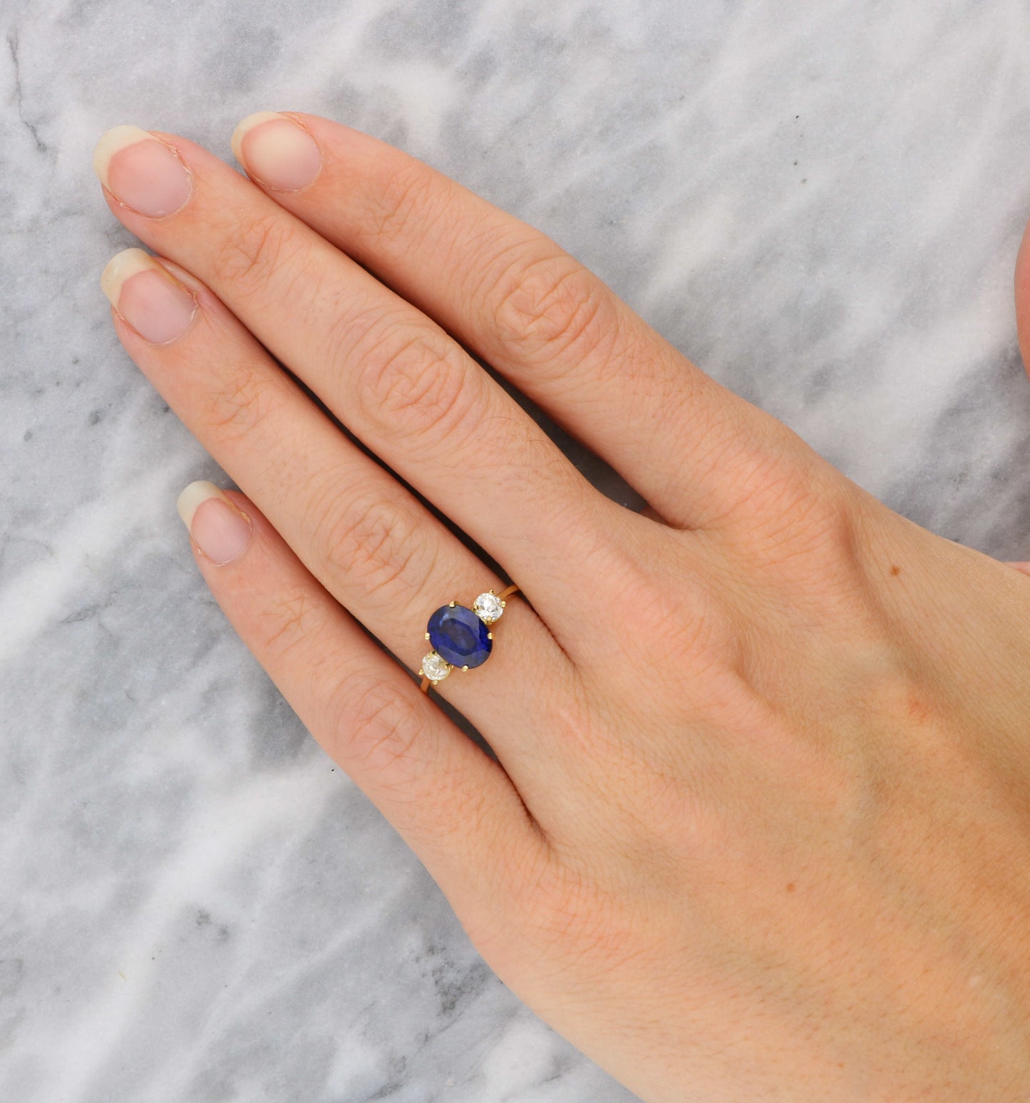 18ct sapphire and old cut diamond 3 stone engagement ring