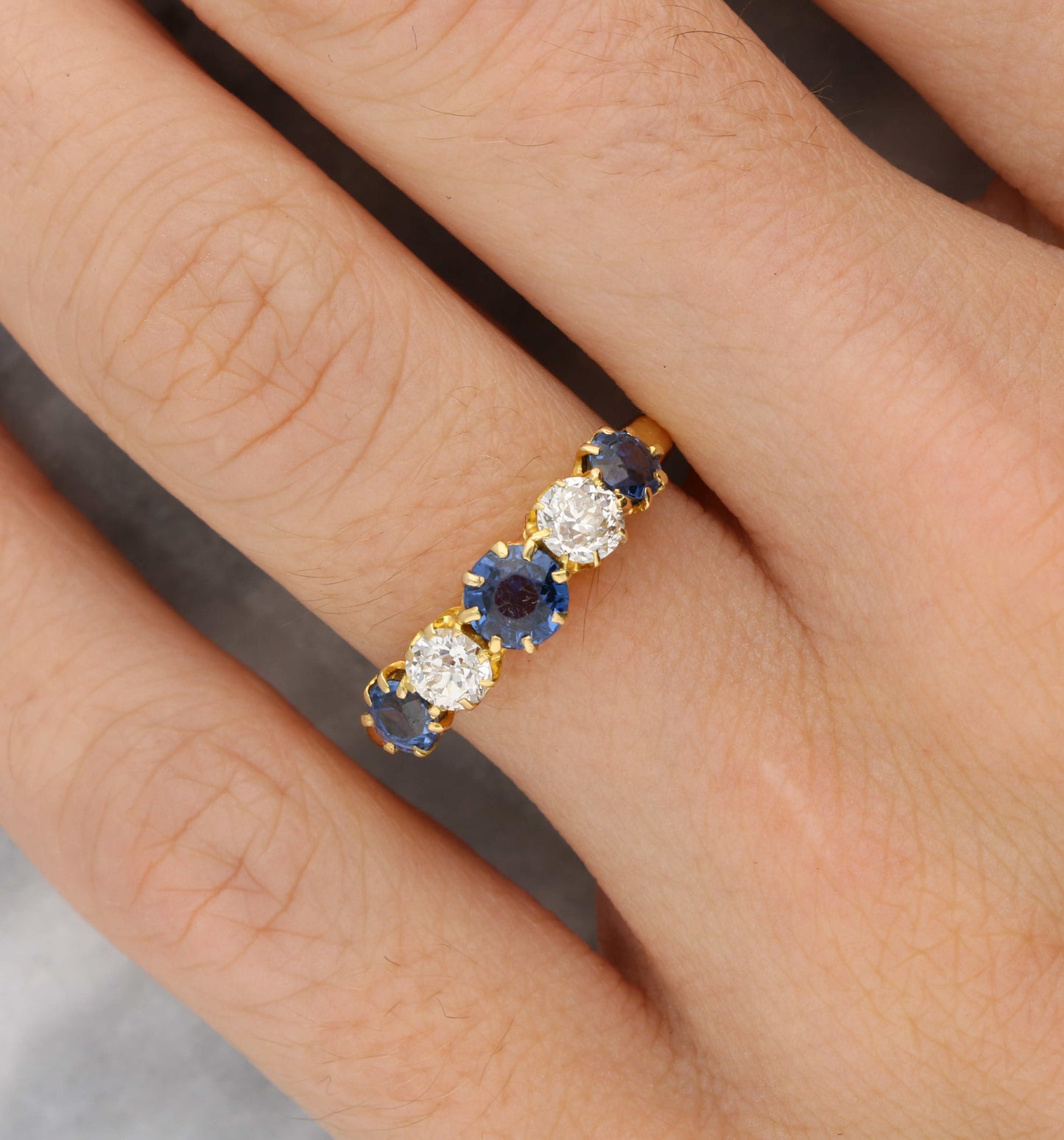 18ct sapphire and old cut diamond 5 stone ring