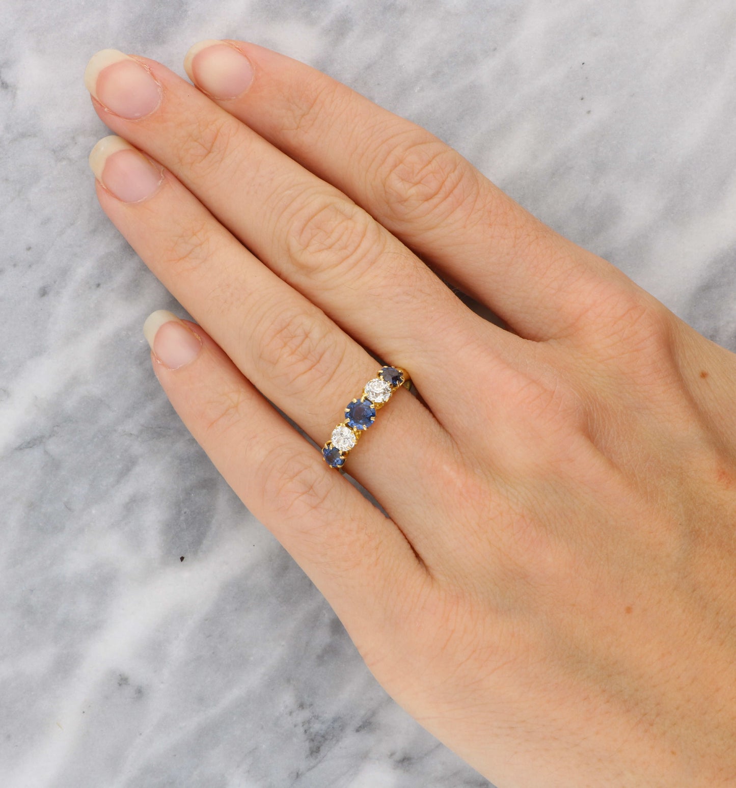 18ct sapphire and old cut diamond 5 stone ring
