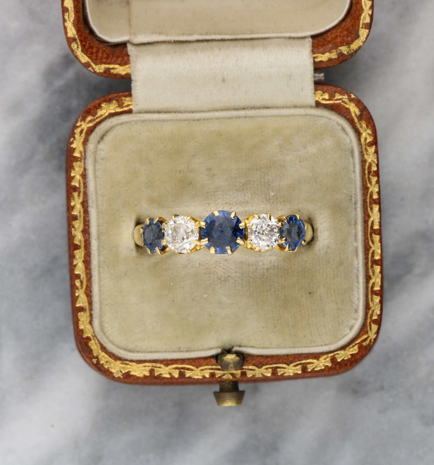 18ct sapphire and old cut diamond 5 stone ring