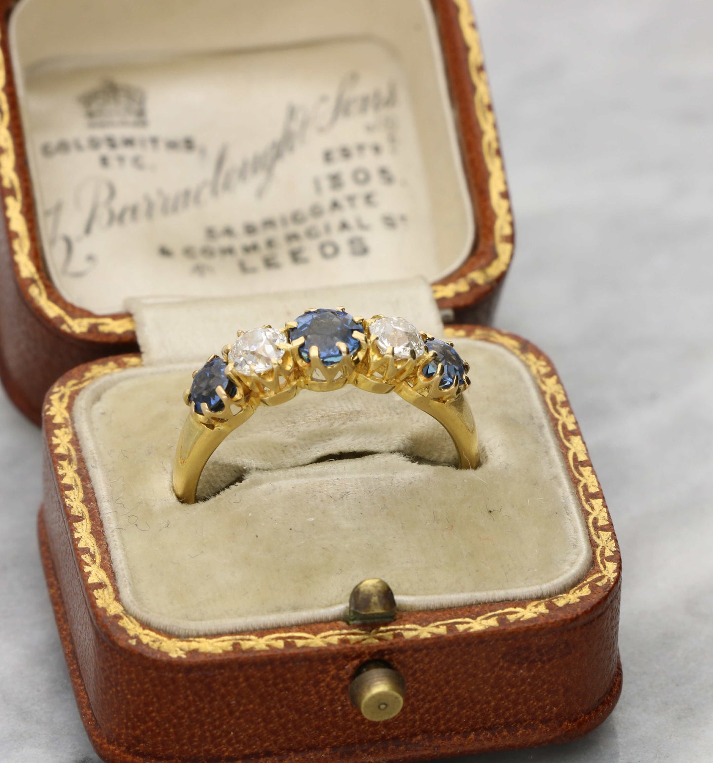 18ct sapphire and old cut diamond 5 stone ring