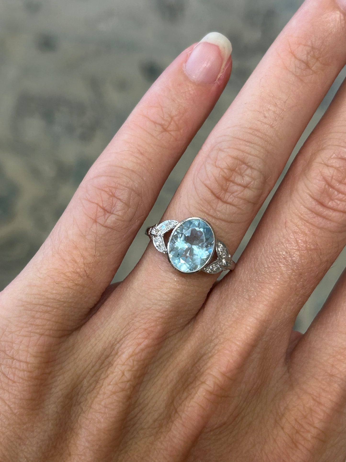 Platinum aquamarine and diamond ring