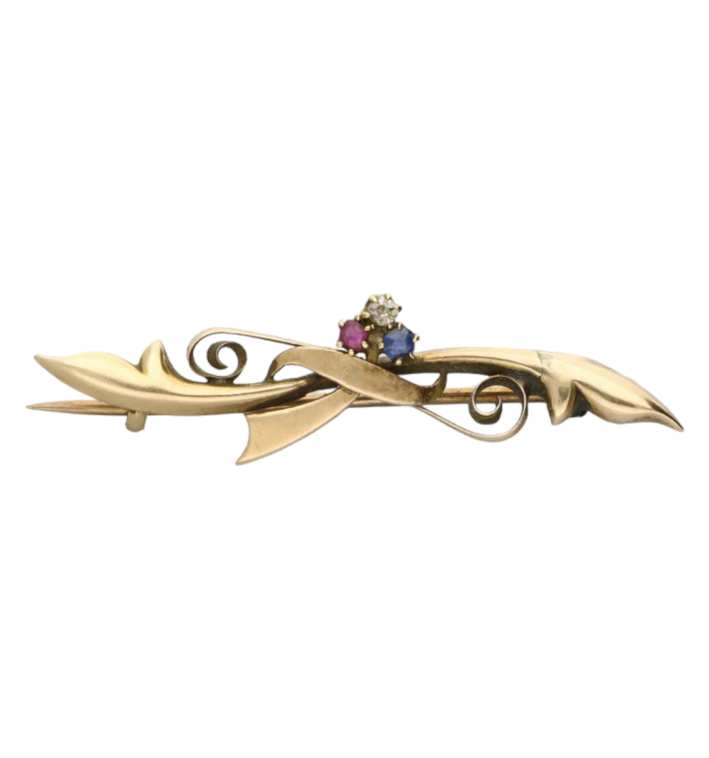 Diamond, ruby and sapphire rose gold brooch