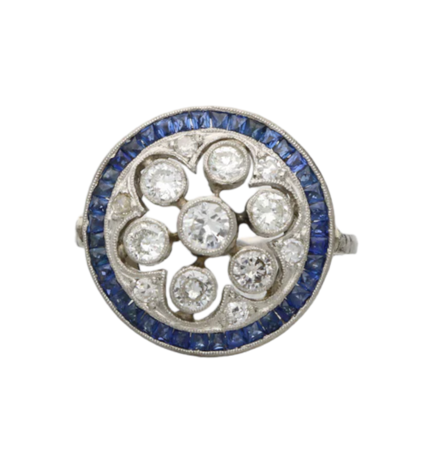 Platinum diamond and sapphire cluster ring