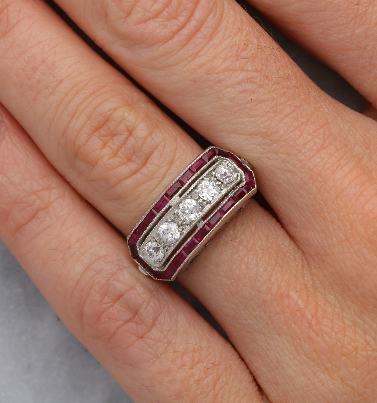 Platinum diamond and ruby Art Deco style ring