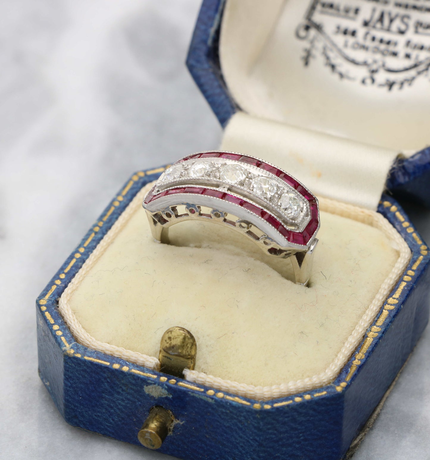 Platinum diamond and ruby Art Deco style ring