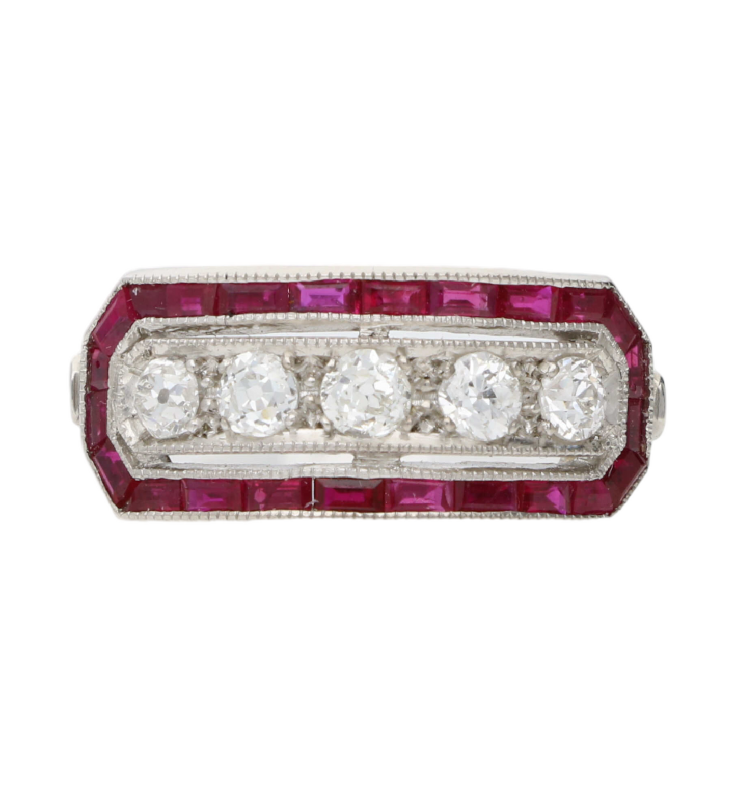 Platinum diamond and ruby Art Deco style ring