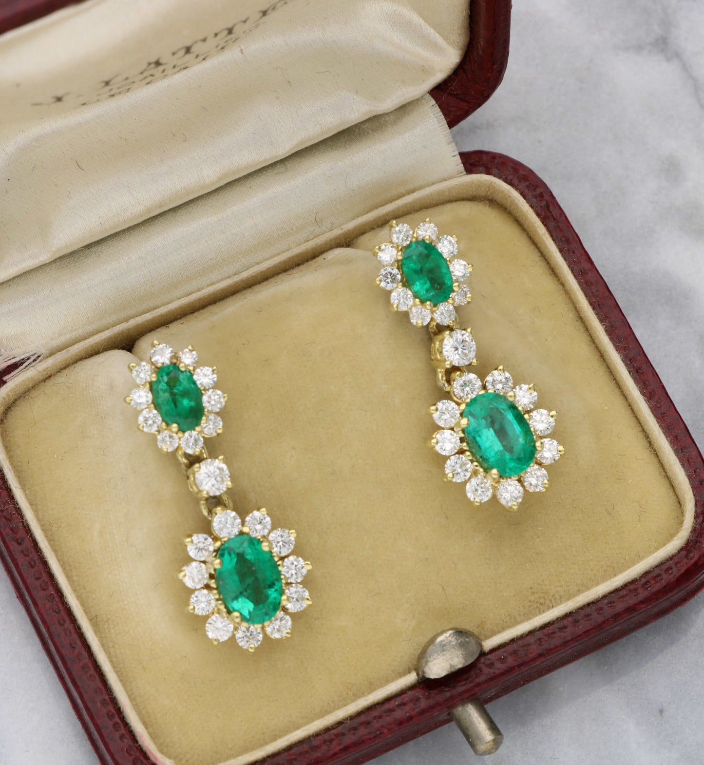 18ct emerald and diamond cluster drop earrings
