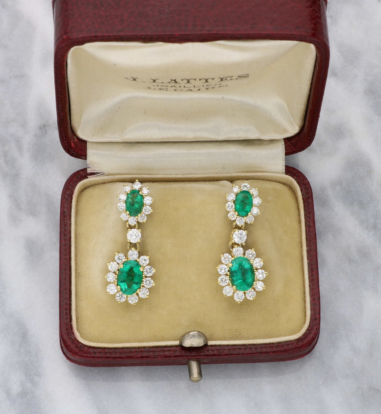 18ct emerald and diamond cluster drop earrings
